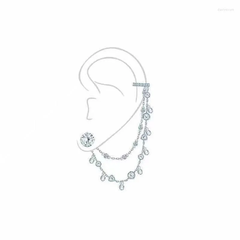 Rücken Ohrringe SLJEL Mode 925 Sterling Silber Wassertropfen Doppelkette Ohr Knochen Manschette Mit Ohrstecker Kristall Clip Ohrring 1 Stück Für Frauen Fein