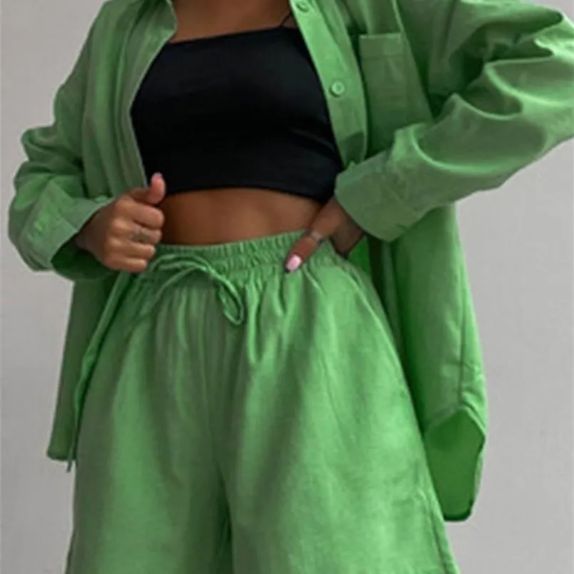 Women's Blouses Shirts Casual Loungewear Matching Set Summer Cotton Women Tracksuit Long Sleeve Oversized Shirt Tops And Mini Shorts Two Piece Set 220923