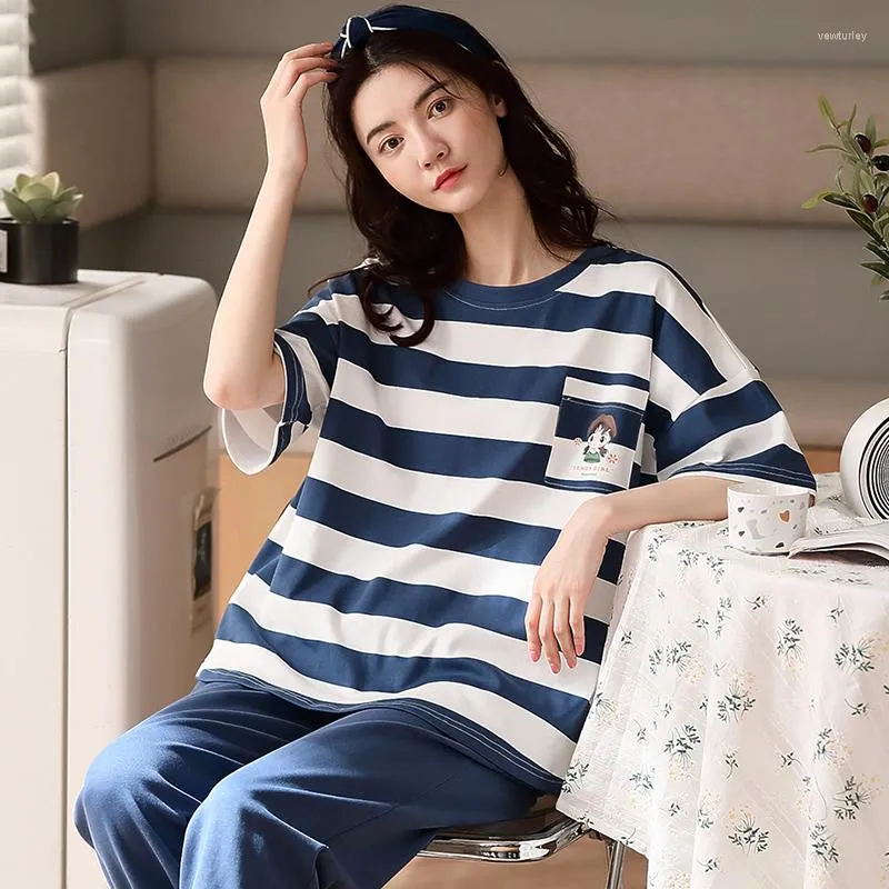 Women's Sleepwear Women's Pajamas Pure Cotton With Trousers Spring Autumn Summer Stripe Sweet Large Nightie Female Home Clothes