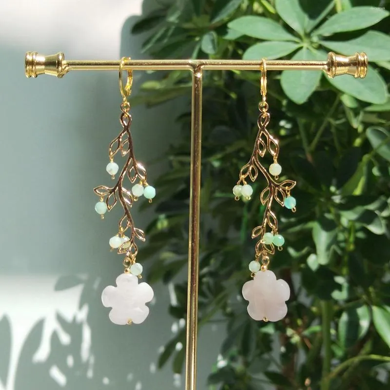 Lii Ji – boucles d'oreilles pendantes en Quartz Rose naturel, feuilles de Chrysoprase, faites à la main, en acier inoxydable plaqué or, bijoux à la mode pour femmes