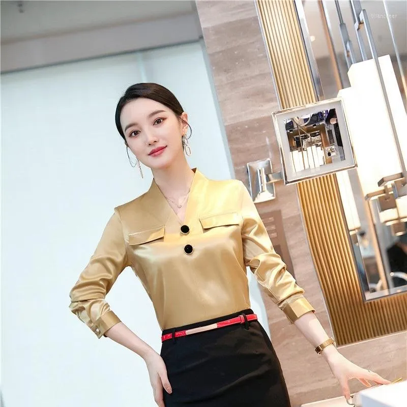 Femmes Blouses Styles 2022 été élégant jaune à manches longues chemises pour femmes affaires travail porter Blouse femme hauts vêtements