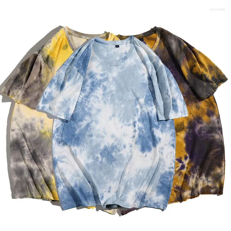 Men's T -skjortor Summer Mens överdimensionerade vintage kortärmad mode Harajuku o Collared Tie Dye Tshirts Men Women Camisetas Hombre