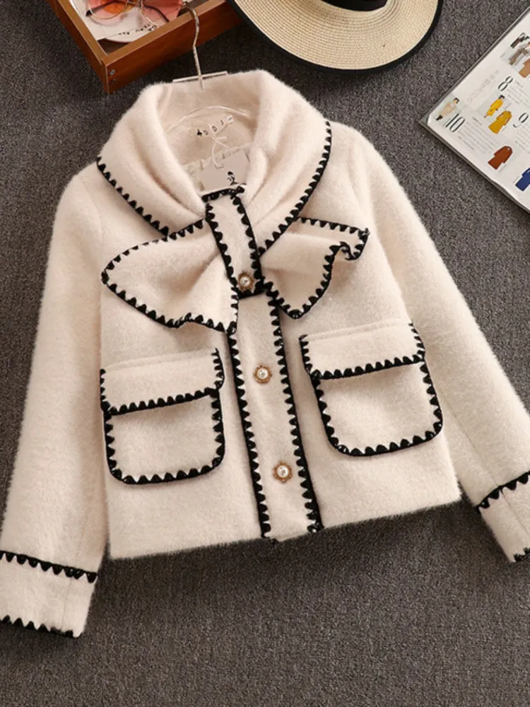 Costumes Femmes Blazers Haute Qualité Femmes Blanc Bow Mink Veste Manteau Pour Femme Slim Patchwork Poche Survêtement Dames Laine Manteau Court Vêtements D'hiver 220924