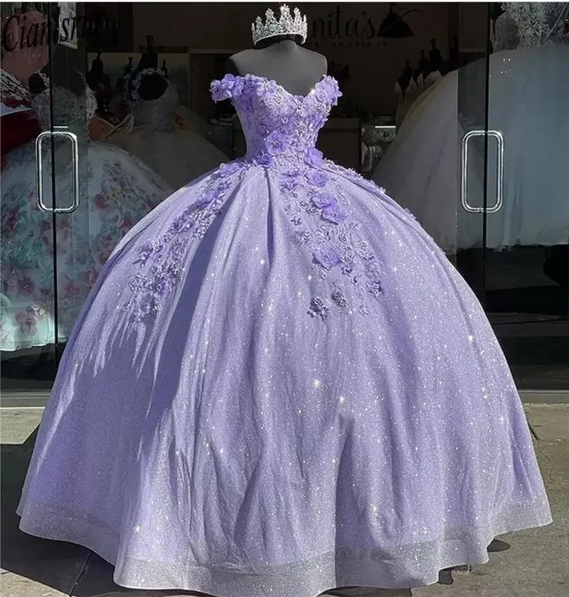 Bling Sequin Sweet 16 Quinceanera -kl￤nningar med 3D Applique Beads Corset Dress Vestidos de 15 Anos Masquerade Lavender