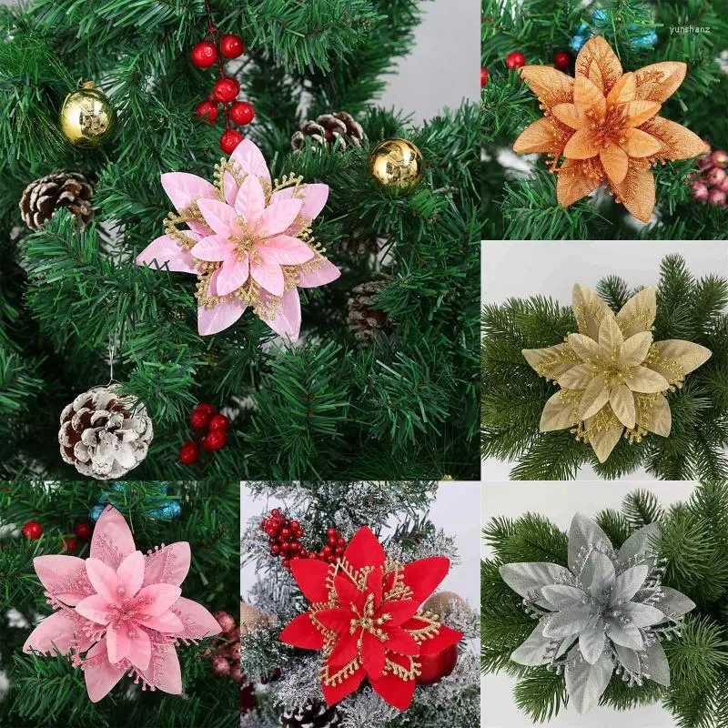 Christmas Decorations 13cm Glitter Poinsettia Flower Decorative Xmas Tree Flowers For Wreath X37B