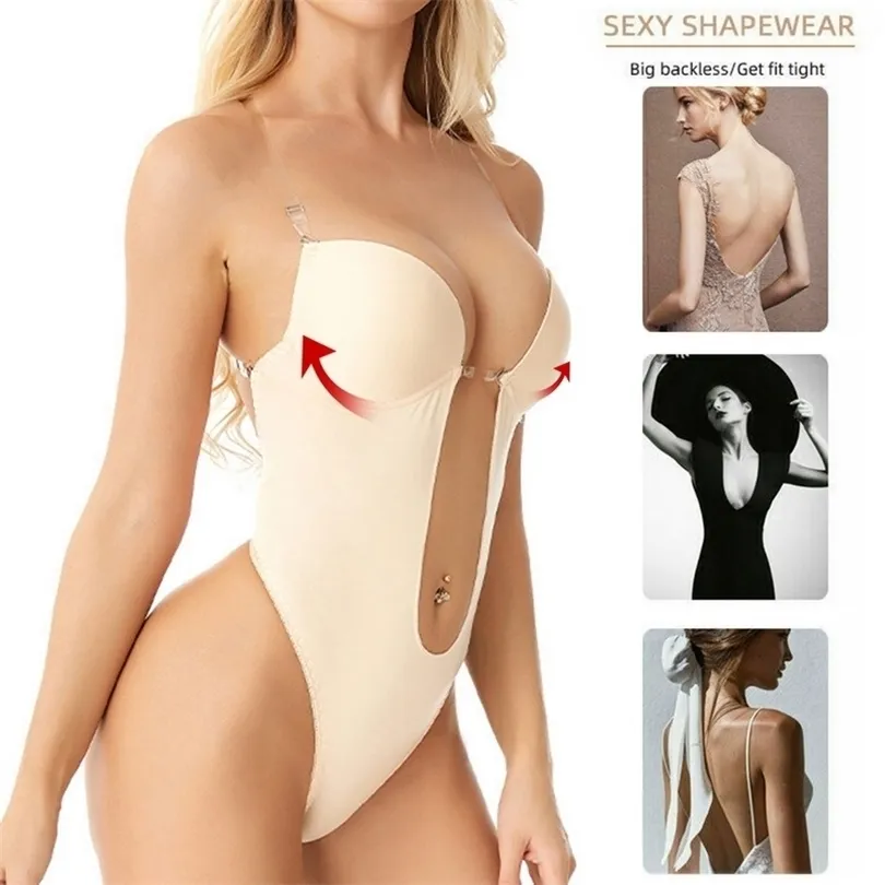 Women's Shapers Waist Tummy Deep VNeck Body Women B Backless U Plunge Thong Bodysuit Shapewear Trainer Clear Strap Padded Push Up 220923