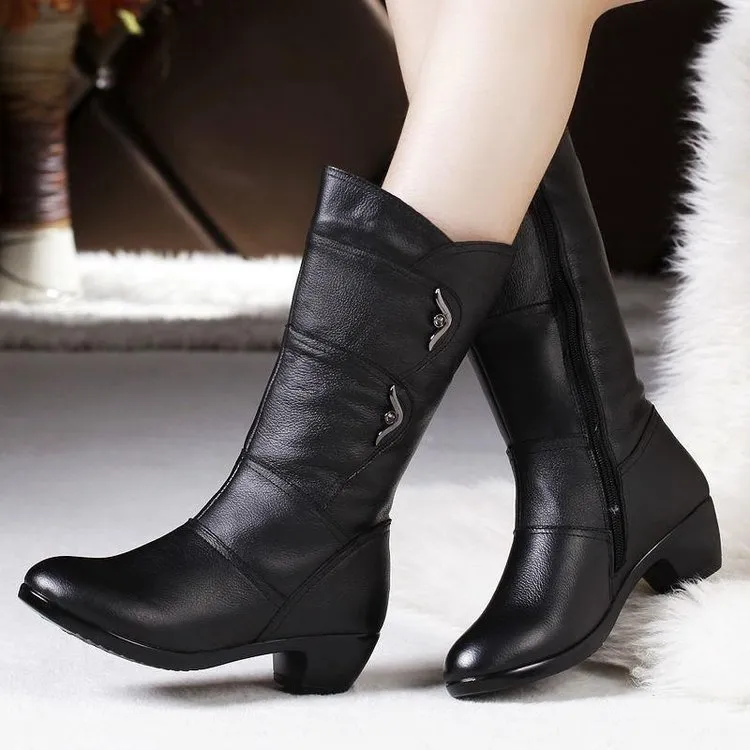 Boot `s Mother Female Ladies Leather Shoes Botas Knee High Zipper Winter Warm Plush Mid Calf Plus Size Mid calf Snow Boot7 220924