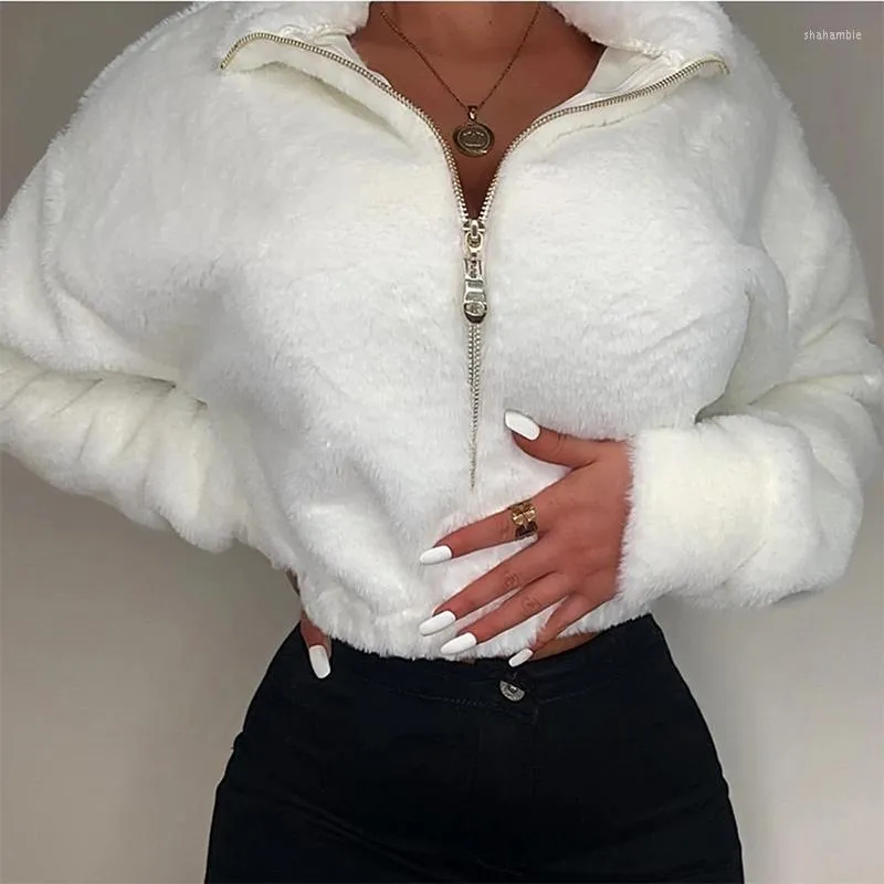 Giacche da donna Cappotto corto da donna in morbido peluche bianco da donna Casual con colletto alla coreana Cerniera Giacca sottile Cappotti Moda invernale femminile Sexy