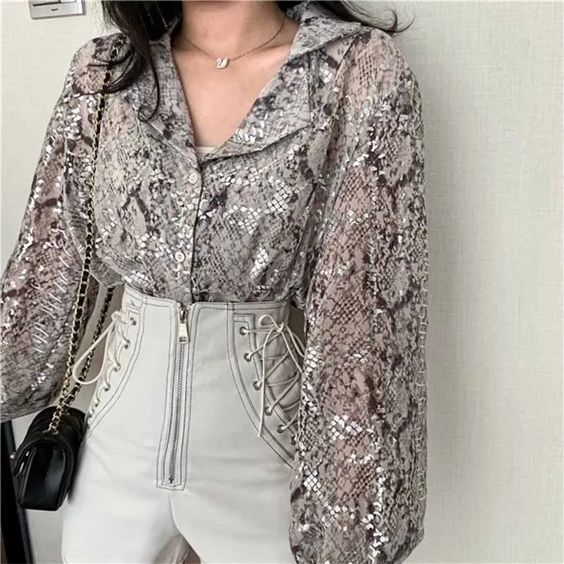 Kvinnors blusar skjortor Snake Print Sequined Blue Glitter Ladies Top Long Sleeve Button Down Shirt For Women Autumn Blus Korean Fashion Shorts Suits 220923