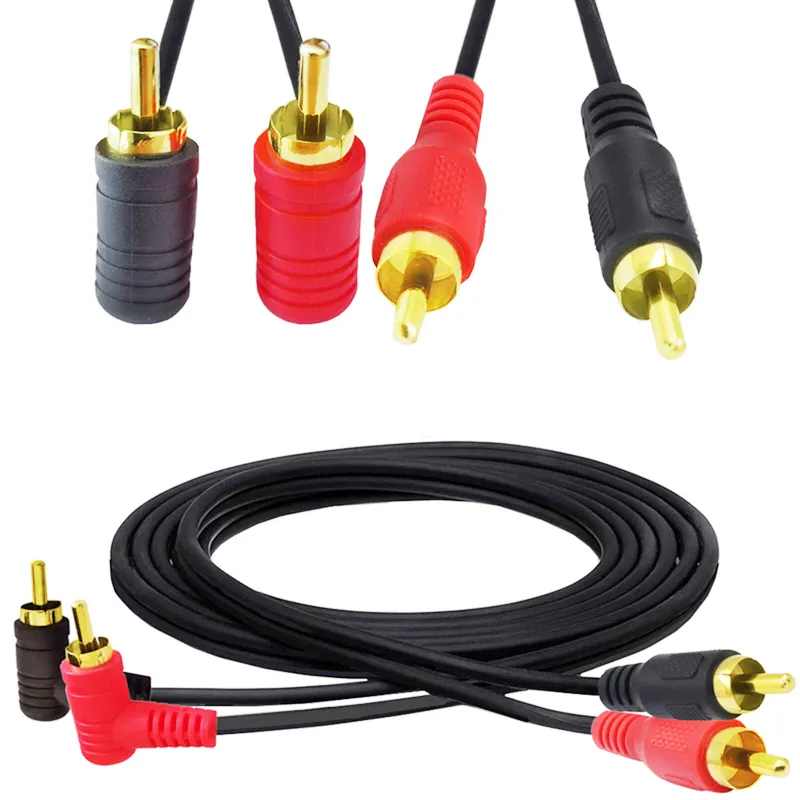 Cabos de ￡udio Golden banhado a 90 graus angulares dois RCA-mase a 2 RCA Male Audio Connector 1M/1PCS