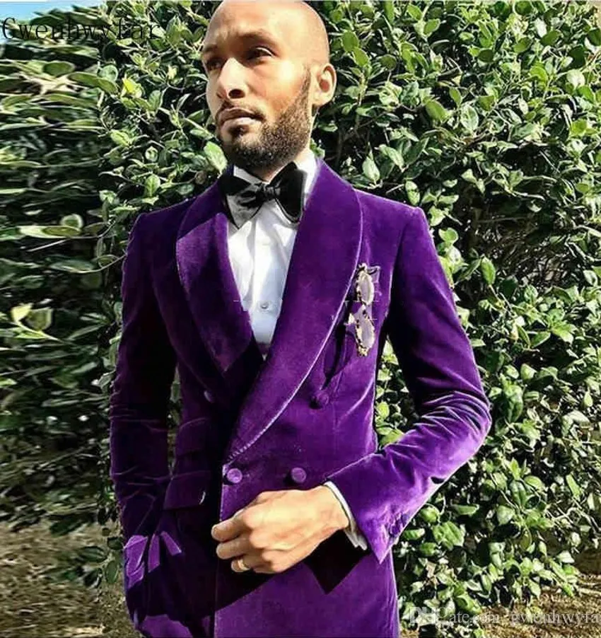 Velvet Groom Tuxedos Purple Men Wedding Tuxedos Double-Breasted Popular Men Dinner/Darty Jacket Blazer Suit Custom Made