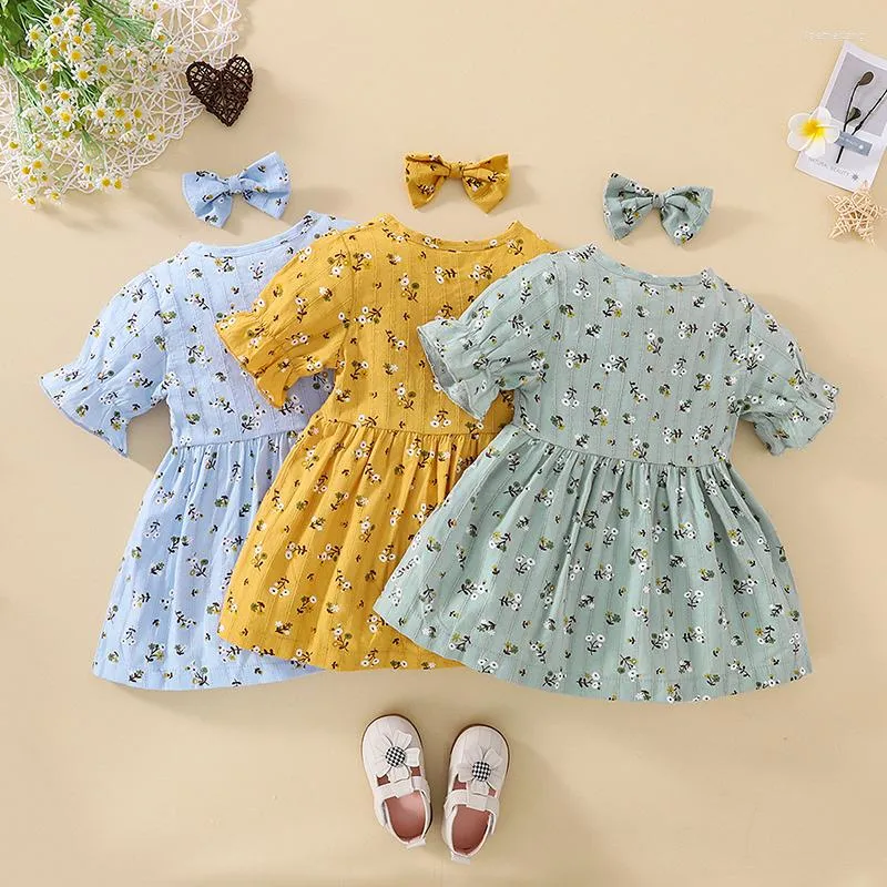 Mädchenkleider, 2-teiliges Sommer-Outfit für Babys, Blumendruck, V-Ausschnitt, kurze Ärmel, Knöpfe, Kleid, Haarspange, für Kleinkinder von 6 Monaten bis 4 Jahren