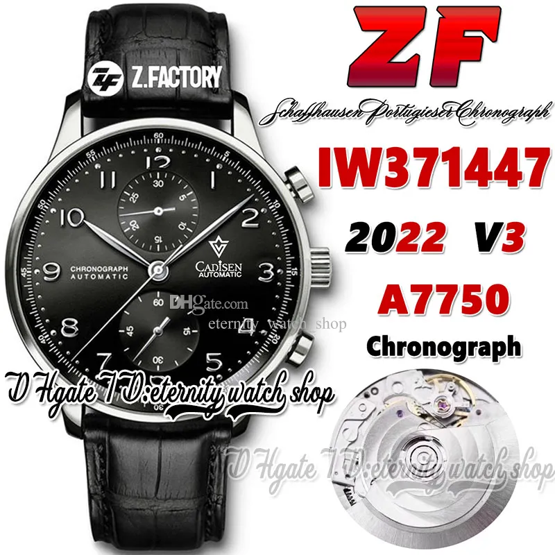 ZF V3 AZ371447 A7750 CRONOGRATO AUTOMÁTICO Mens relógio TH 12.3 Marcadores de número de discagem preta Caixa de aço inoxidável Correia de couro preto 2022 Super Edição Eternity Watches