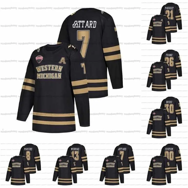 Gla A3740 Maglia personalizzata West Michigan Broncos Nera NCAA College Hockey NCHC 7 Ronnie Attard 26 Ethen Frank 8 Jamal Mayers 13 Drew Worrad 21 Josh