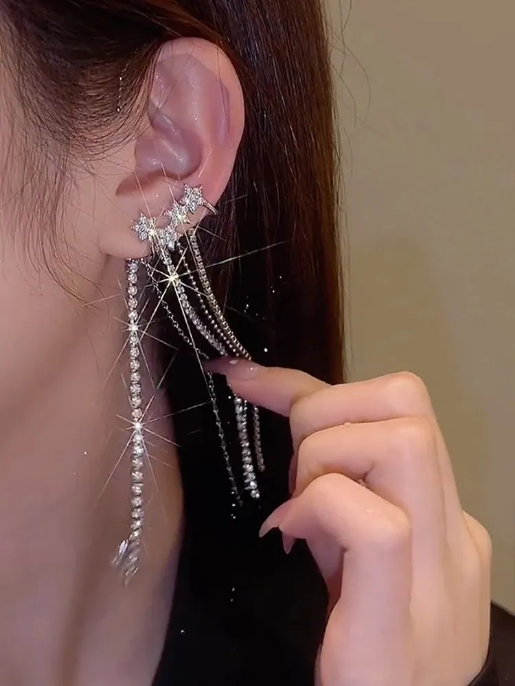 Bengelen kroonluchter mode sprankelende lange kwast kristallen sterren oorclip oorbellen zonder piercing voor vrouwen prachtig licht luxe bruiloft sieraden