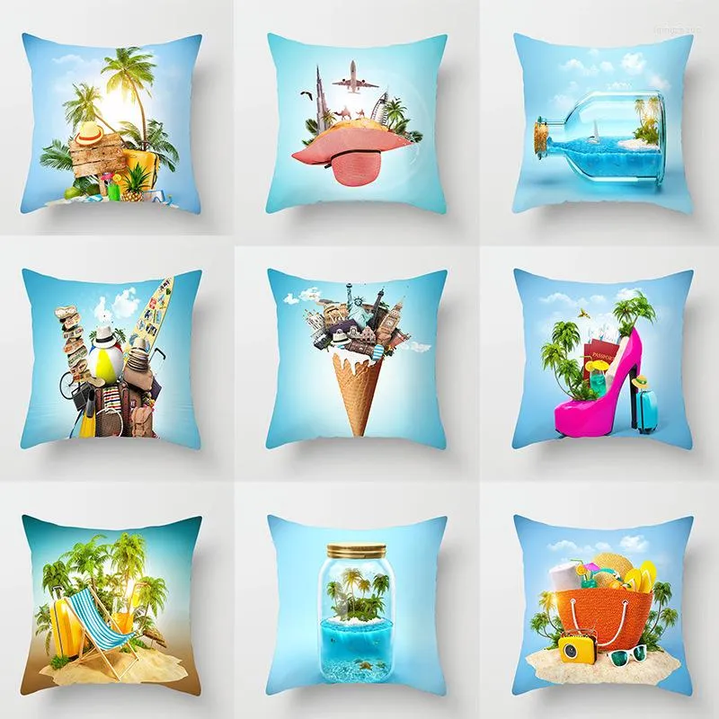 Pillow Summer Travel Scenery Blue Ocean Refreshing Coconut Tree Pillowcase Home Sofa Bedside Cover Decoration