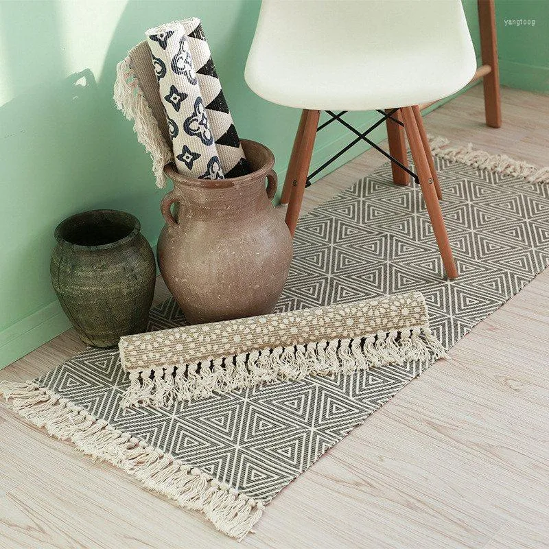 Carpets Retro Carpet For Sofa Living Room Bedroom Rug Cotton Tassels Yarn Dyed Table Ruuner Bedspread Tapestry Home Decoration