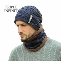 TRIPLE INFINITY High Quality Men`s Winter Hat Scarf Thick Comfortable Soft Warm Beanies For Men Fashion Knitted s 211227
