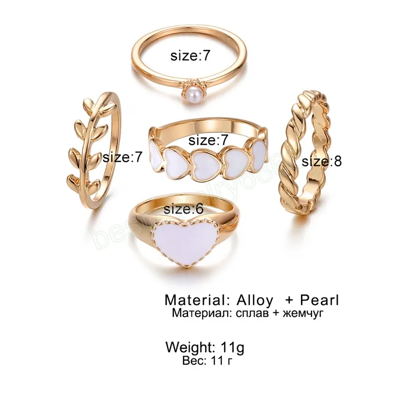 Anillo de perlas de corazón blanco para boda, conjunto de anillos de hojas de 2022 a la moda para mujer y niña, joyería de fiesta