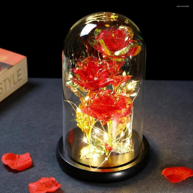 Decorative Flowers Roses And Fairy Lights In The Glass Artificial Immortal Light Up Bedroom Decoration At Night For Mother Wife