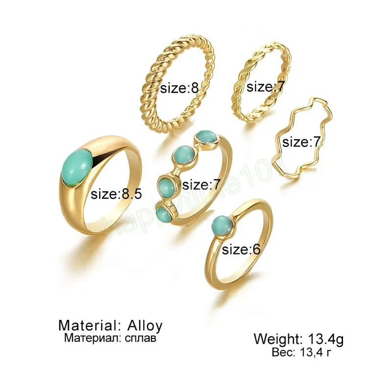 Bohemian Green Crystal Ring Set for Women Girls 2022 Trend Wave Finger Rings Boho Jewelry Gift