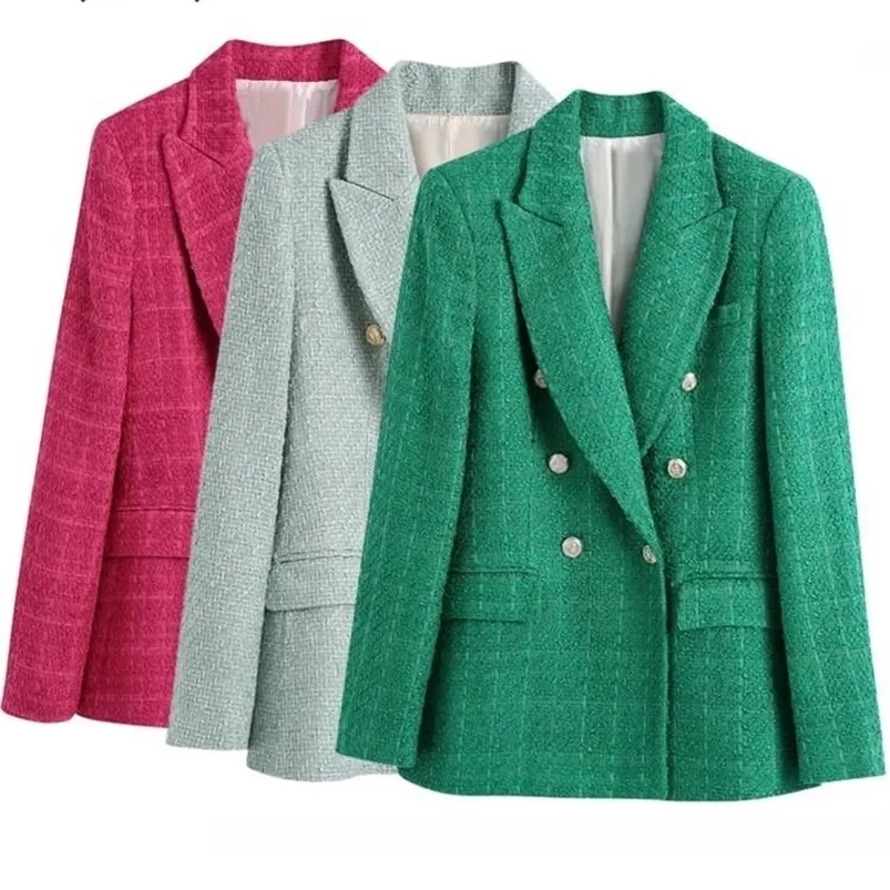 Ternos femininos blazers blingblingee primavera mulheres traf jaqueta ornamentado botão tweed casacos de lã feminino casual grosso verde blazers azul outerwear 220924