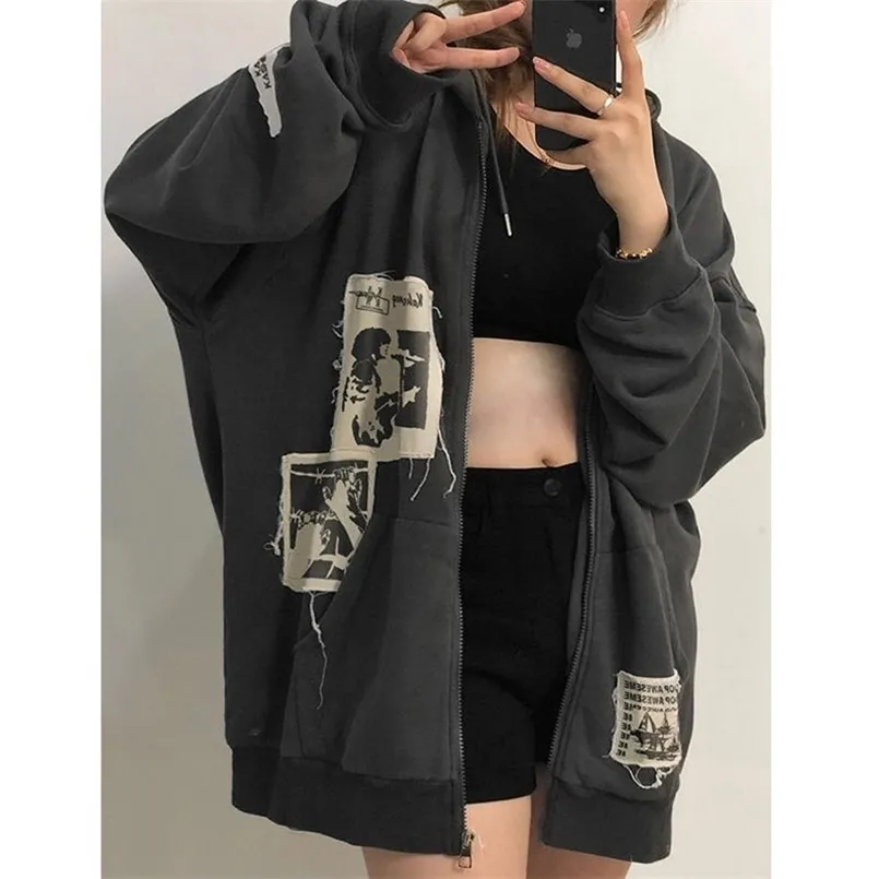 Dames Hoodies Sweatshirts Emo Dames Alt Punk Hoodie Zip Up Grunge Esthetische Jas Vintage Streetshirt Harajuku Sweatshirts Graffiti Y2K Rits Kleding 220923