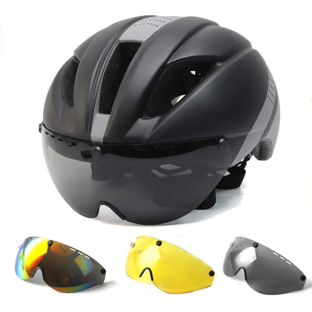 Bisiklet kaskları aero tt zaman denemesi Bisiklet kaskları erkekler için kadın gözlükleri yarış yol bisiklet kask lens ile casco ciclismo bisiklet güvenlik ekipmanı T220921