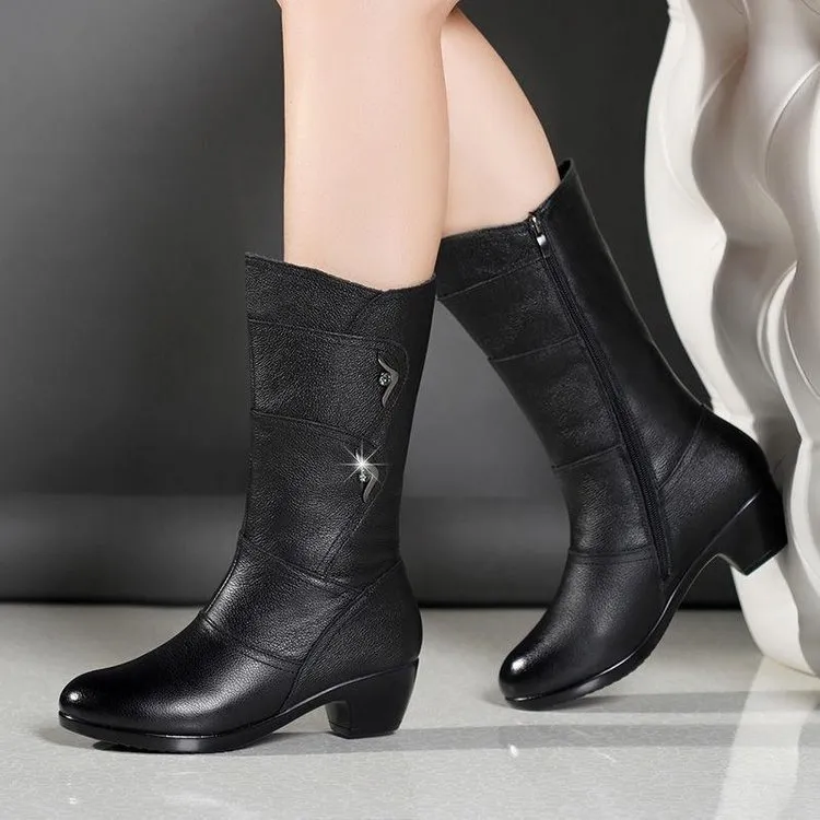 Boot `s Mother Female Ladies Leather Shoes Botas Knee High Zipper Winter Warm Plush Mid Calf Plus Size Mid calf Snow Boot7 220924