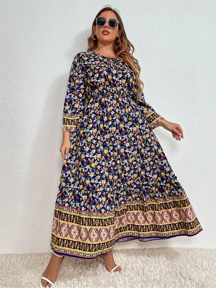 Abiti taglie forti estate per donna 2022 autunno manica lunga stampa floreale abito bohémien vita alta curvy maxi 4XL