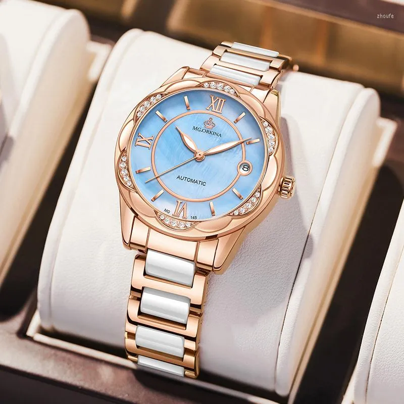 Zegarek Orkina Fashion Watch Watch z Diamond Blue Ladies Top Auto Data Automatyczne zegarki dla kobiet Relogio feminino