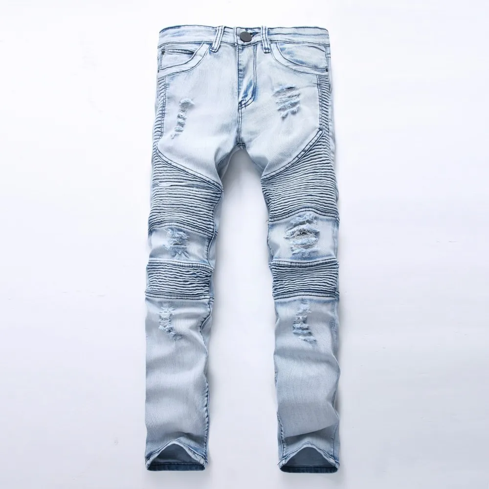 Herren Jeans Mode Herren Jeans Washed Light Blue Moto Denim Hosen Ripped Rider Biker Motorrad Hip Hop für Skinny Stretch 220923