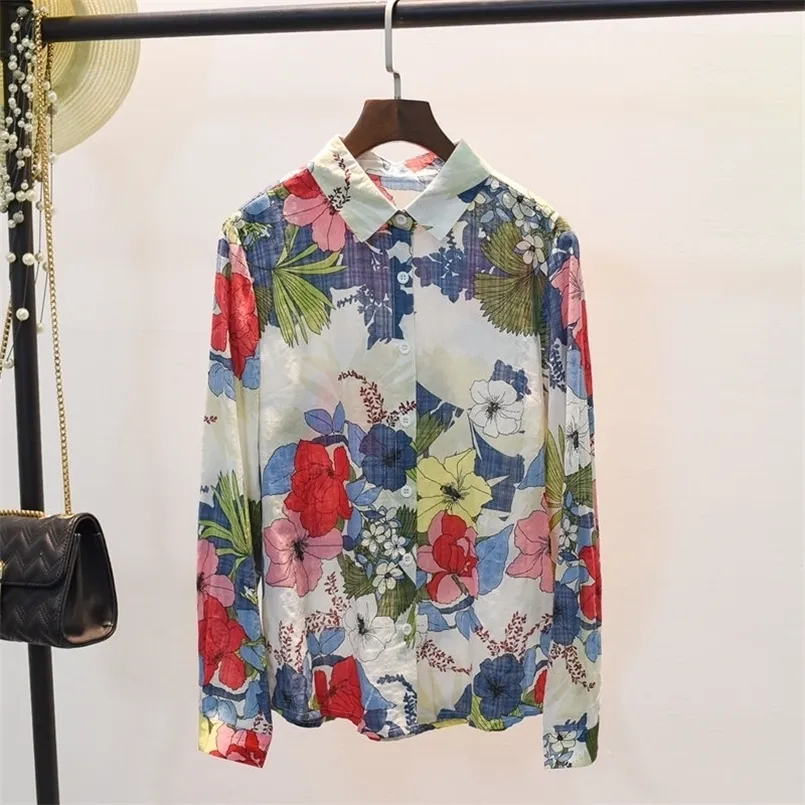 Women's Blouses Shirts 100 Cotton Linen Button Up Shirt Women Long sleeve Floral Vintage Top Shirt Autumn Ladies Blouse Casual Office White 220923