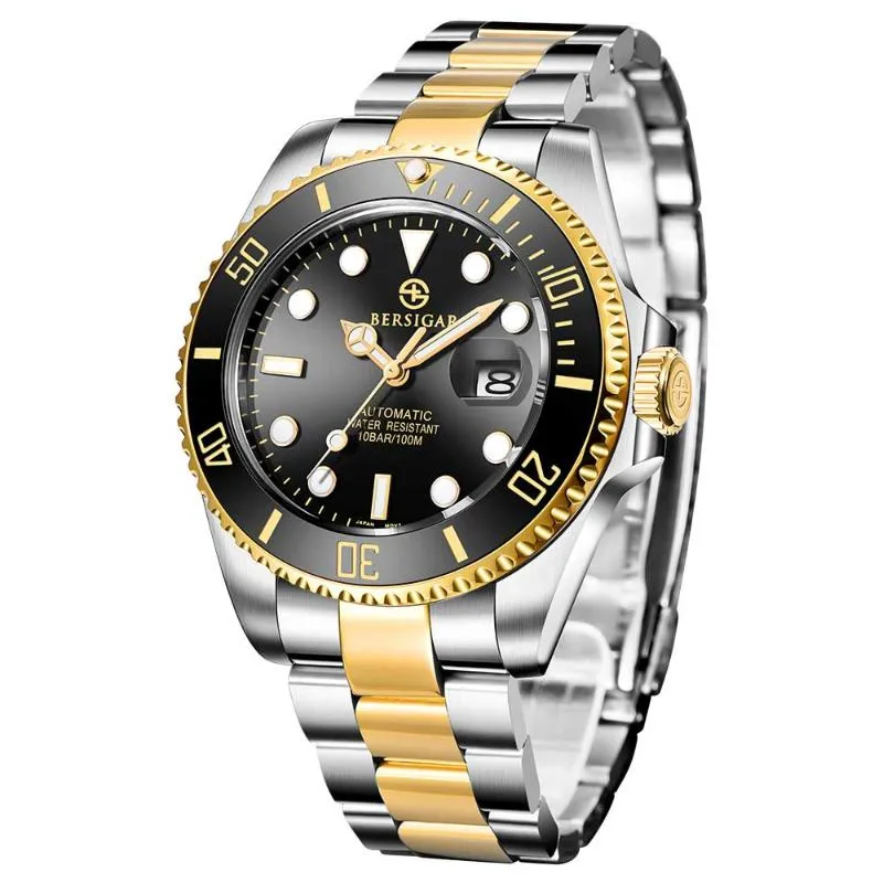 BERSIGAR Mens Automatic Stainless Steel Watch Waterproof Business