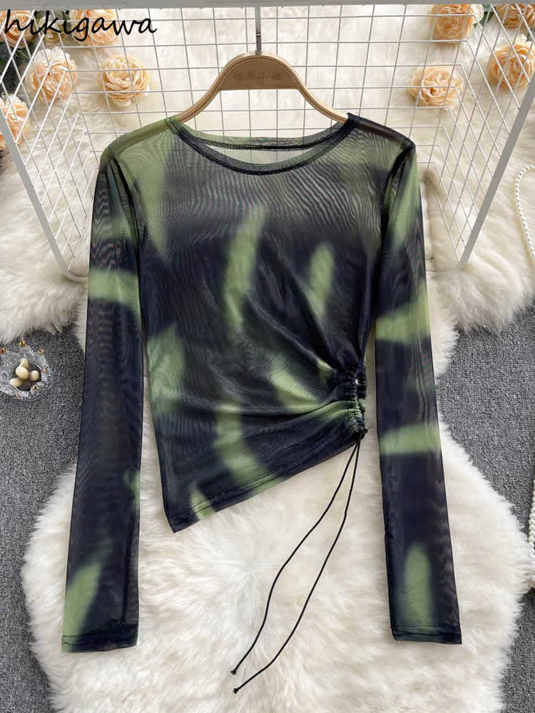 Женская футболка Hikigawa Chic Fashion Women Tops Tops Tie Dye Thin Mesh с длинным рукавом T Рубашки летние плиссированные боковые шнурки дизайн блузки Top Mujer T220923