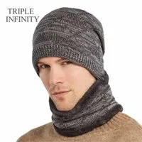 TRIPLE INFINITY Skullies Beanies Men Winter Hat Male Warm Knitted s Scarf Beanie Thick Windproof Brimless Fluff Bonnet 220108
