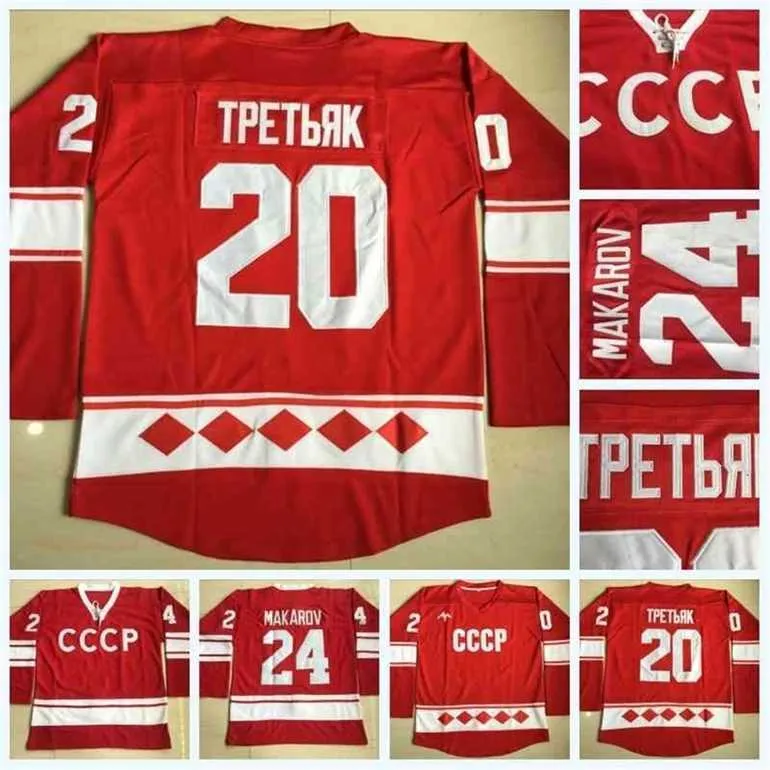 GLA C202 MENS 20 Vladislav TretiaK Ryssland Jersey 24 Sergei Makarov 1980 CCCP Hockey Jerseys Double Stitched Name and Number