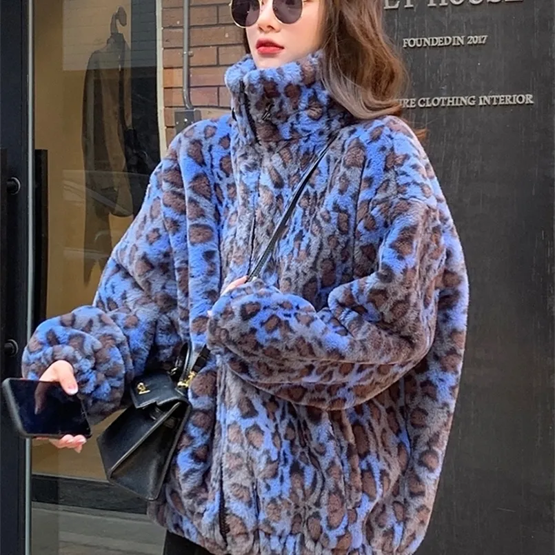 Damesbont Nepbont Lautaro Winter Oversized Kleurrijke Luipaardprint Imitatiebontjas Dames Lange mouw Met ritssluiting Warm zacht pluizig jack Koreaanse mode 220923