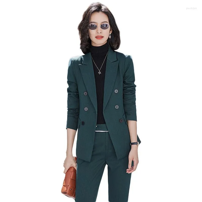 Femmes deux pièces pantalons femmes femmes vert travail affaires formel pantalon costume automne hiver 2 ensemble rayure surdimensionné Blazer veste et