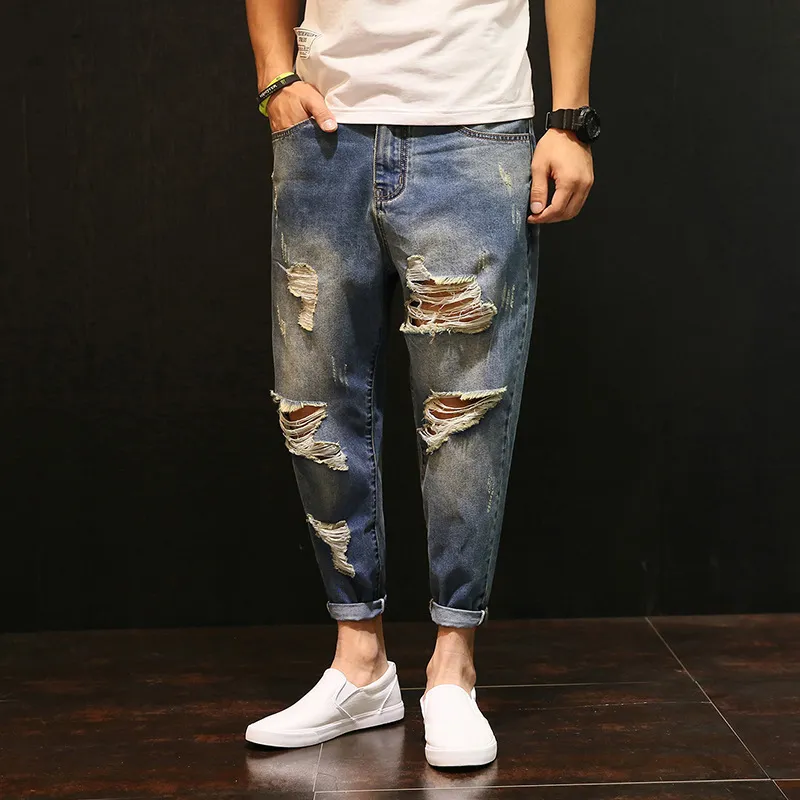 Jeans Da Uomo Pantaloni Larghi In Denim Con Buco Strappato Uomo