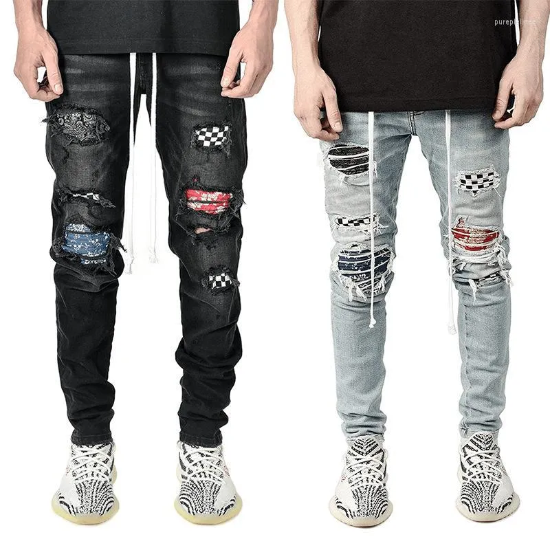 Men's Jeans Men's Mens Quilted Embroidered Skinny Ripped Grid Stretch Denim Pants MAN Elastic Waist Patchwork Jogging