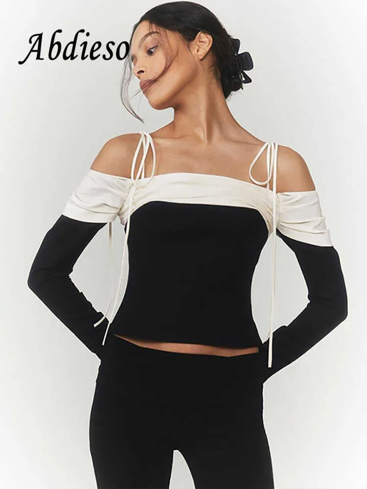 Women's T-Shirt Abdieso White Off Shoulder Long Sleeve T Shirts Women Elegant Vintage 2022 Autumn Bandage Backless Sexy Party Crop Top T2K T220926