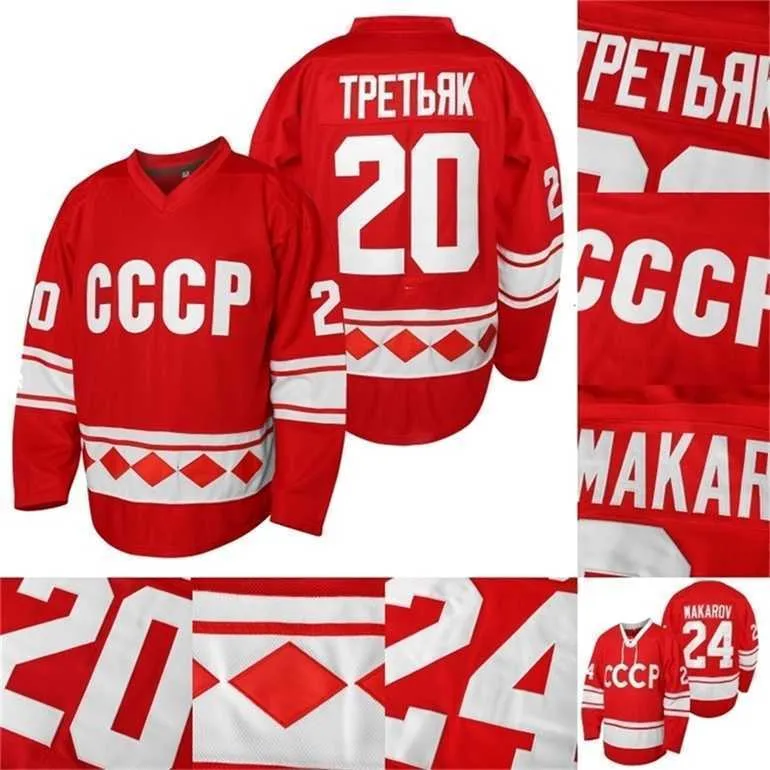 GLA MIT MENS 1980 CCCP Ryssland Hockey Jersey 20 Vladislav Tretiak 24 Sergei Makarov 100% Sömda Red Hockey Jerseys billiga S-XXXL