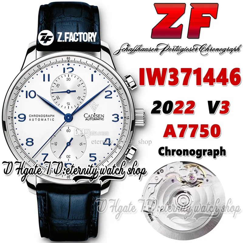 ZF V3 AZ371446 A7750 Automatic Chronograph Mens Watch Th 12.3 White Dial Blue Number Markers Stainless Case Blue Leather Strap 2022 Super Edition Edition Watches