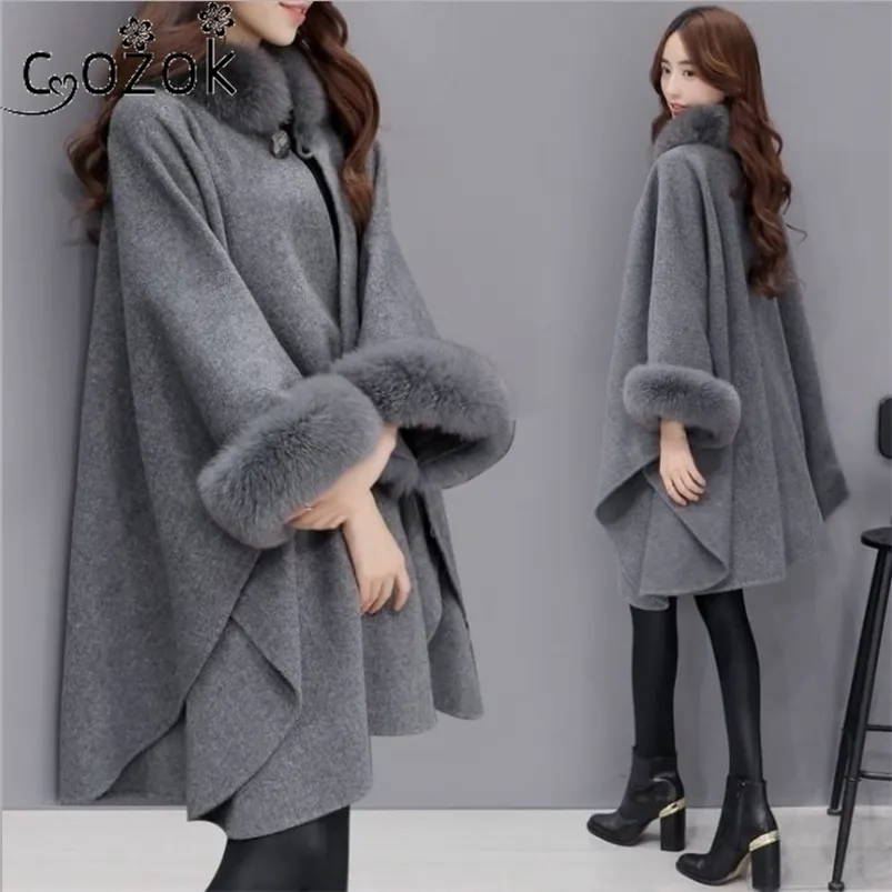 Kadın Yün Karışımları Kürk yakalı kadın ceketleri katlar uzun yün ceket kış giysileri mizaç cape yün karışımları ofis bayan kore kadın giyim 220924
