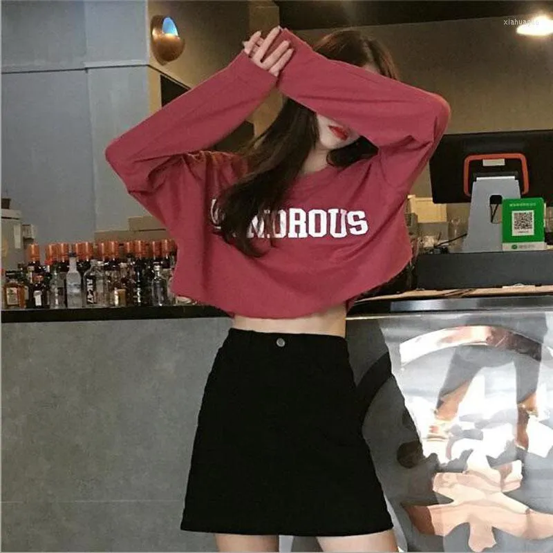 Women's T Shirts Women's T-Shirt Korean Style Woman Tshirt Letters Print Long Sleeve O Neck Cotton Spandex Women Tops Short Length