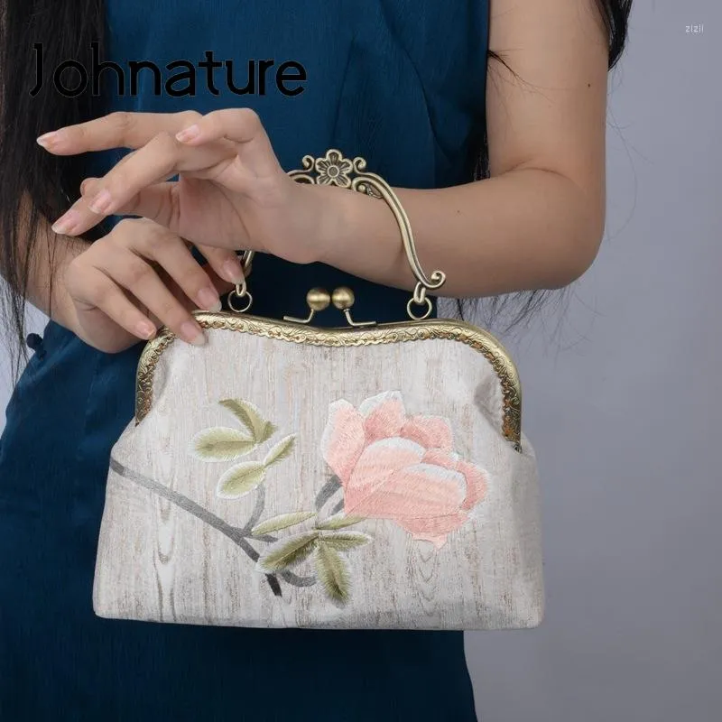 이브닝 가방 Johnature Handmade 자수 여성 핸드백 2022 중국 스타일 Cheongam Bag Banquet Floral Ladies Shoulder