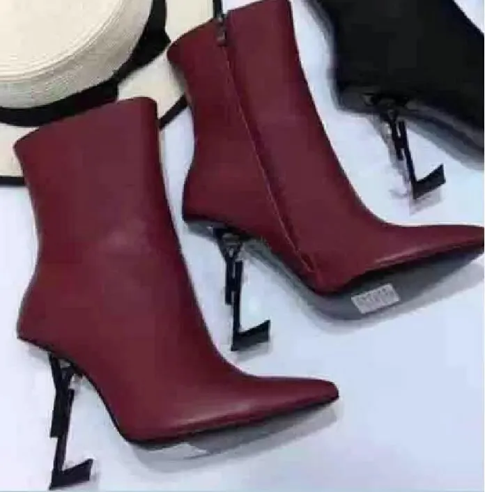 Bottines en cuir Opyum pour femmes, symboles célèbres, bottes à bout pointu, noir, Beige, robe de mariée, talons hauts, bottines pour dames, EU35-43