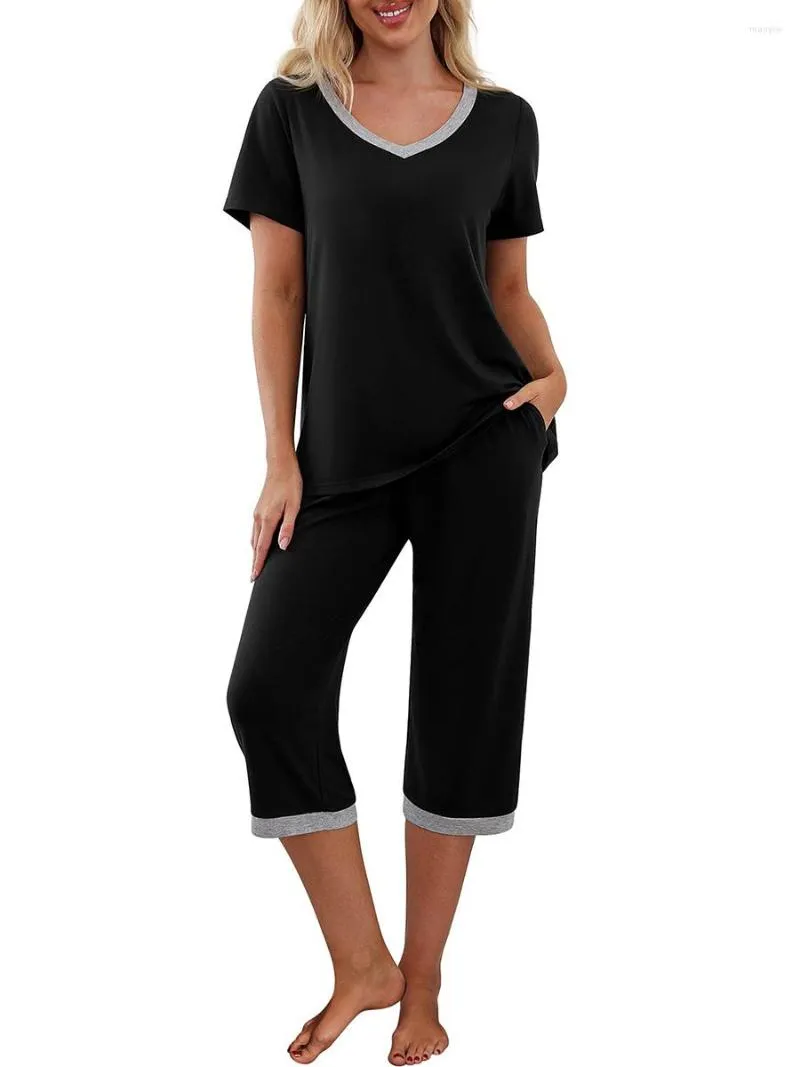 Women's Two Piece Pants Womens Lounge Pajamas Sets Short Sleeve V Neck Tops And Casual Cropped Sleepwear Loungewear