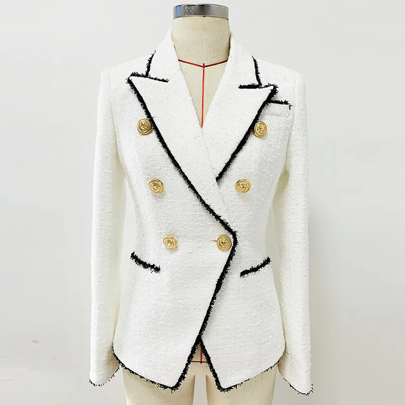 VT06 Costumes pour femmes Blazers Laine Blanc fashionblog weddingday Fringed Gold Double boutonnage Bouton Boucle en métal Slim Business Wear Suit Jacket